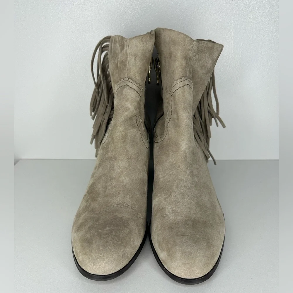 Sam Edelman Gray Suede Fringe Louie Heeled Ankle Boot Women’s Size 10.5